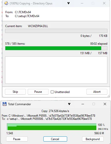 The file copy screen. Opus (top) and Tcmd (bottom)