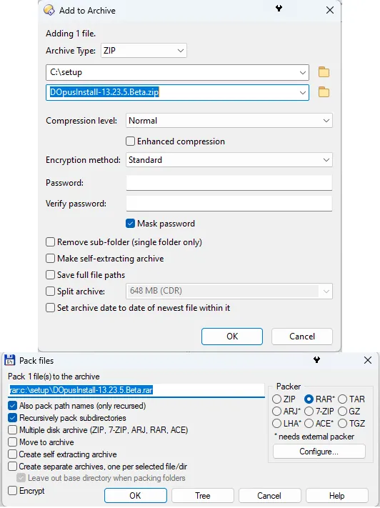 The file archive or compression screen. Opus (top) and Tcmd (bottom)