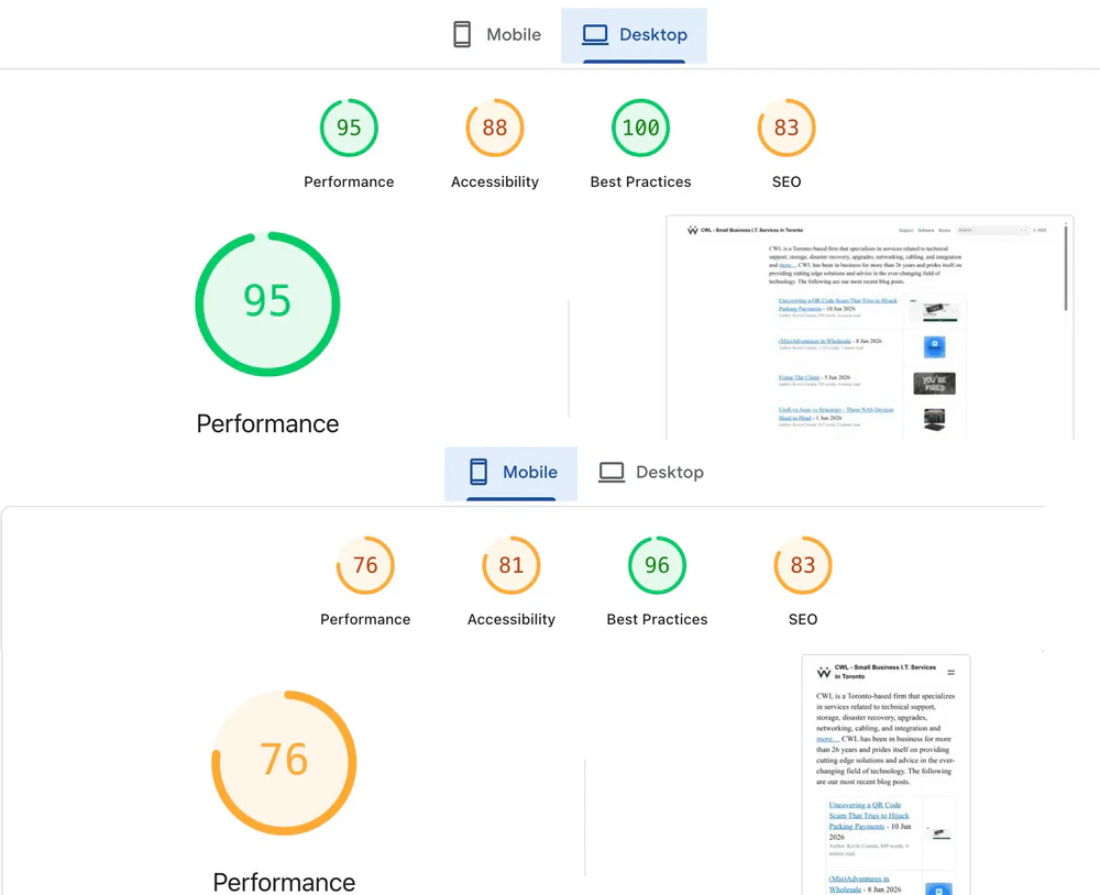 Google’s PageSpeed test on the new site