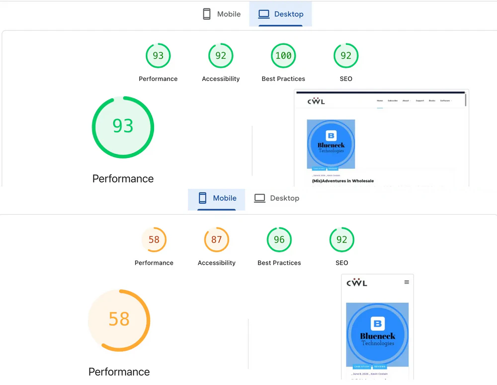 Google’s PageSpeed test on the old site