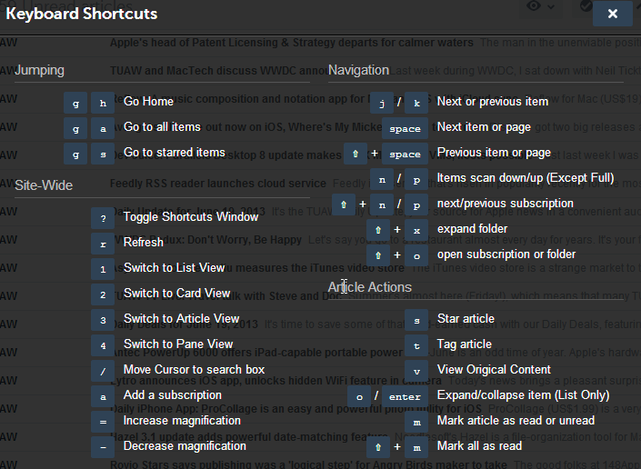 Keyboard Shortcuts in AOL Reader