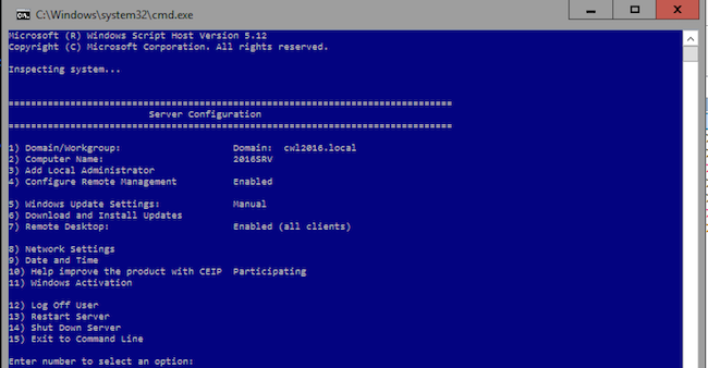 sconfig on Windows Server 2016