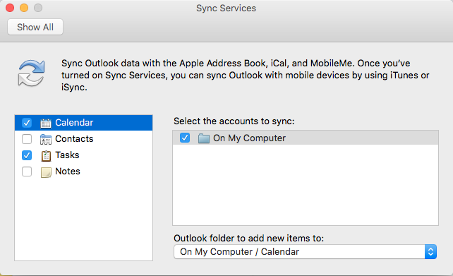 Outlook 2011 Calendar Sync Services